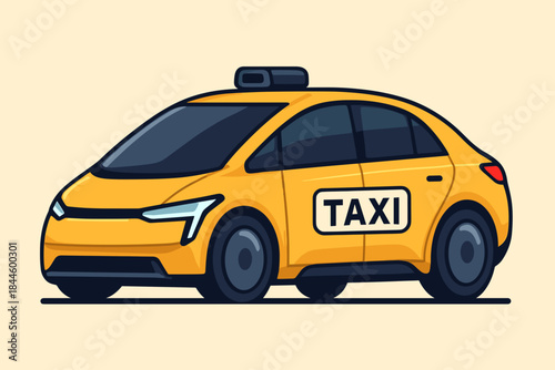 Yellow Electric Taxi Sedan With Black Windows And Taxi Sign Illuminated Against A Light Orange Background
