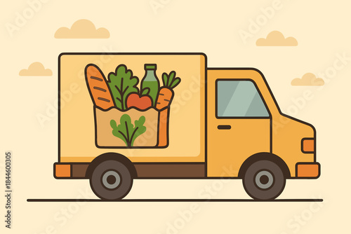 Yellow Delivery Truck Filled With Groceries Bread Vegetables And Fruits On A Light Yellow Background With Clouds And A Road Below
