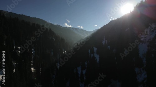 Scenic aerial view of a winter mountain valley covered with pine trees and snow. The bright sun is rising, casting long shadows and rays