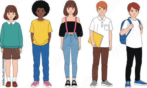 Teenage Students Character Vector Illustration Set Showing Diverse Boys and Girls with Casual Outfits, School Accessories, and Youth Lifestyle Poses for Education and Social Design Projects