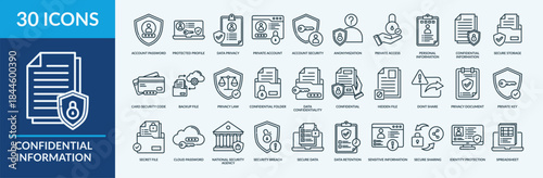 Editable 30 confidential information icons for web and mobile. Set of confidential information included icons line database, private access,personal information,backup file,private key