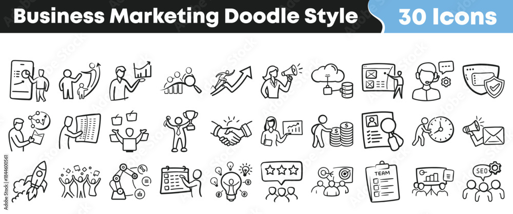 Fototapeta premium Collection of thirty hand drawn business marketing doodle style icons representing strategy finance growth teamwork and digital communication concepts on transparent background