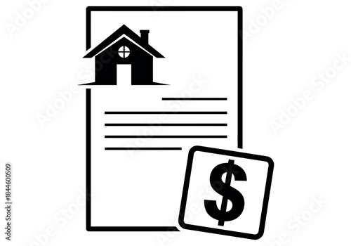 Real estate document icon with house and dollar sign, symbol for mortgage and property investment