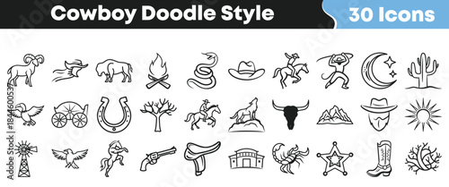 Thirty distinct hand drawn cowboy doodle style icons representing western themes like animals landscapes and essential frontier objects for design projects on transparent background