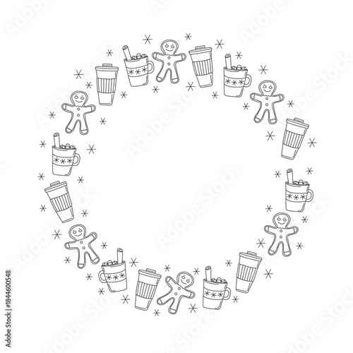 Round frame, border. Food and drinks. Coffee in a disposable cup. A cup of coffee with cinnamon, marshmallows, and a gingerbread man. Snow, snowflakes. Banner with space for text. Set of linear icons.