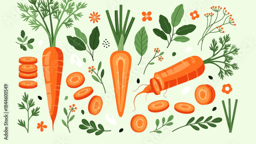 Vibrant carrot harvest and fresh garden vegetables with greens and flowers