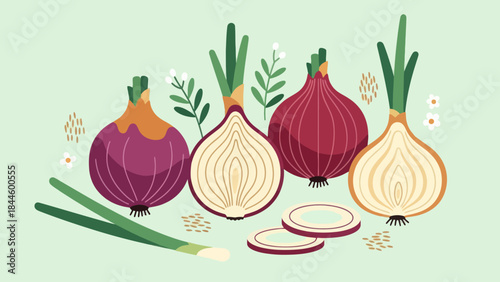 Colorful Illustration of Various Onions with Green Leaves and Sliced Visual