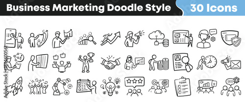 Collection of thirty hand drawn business marketing doodle style icons representing strategy finance growth teamwork and digital communication concepts on transparent background
