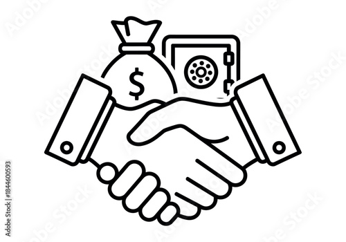 Two hands shaking over a money bag and a safe deposit box representing financial agreement
