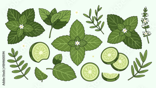 Assorted Fresh Herbal and Cucumber Plant Leaves with Sliced Vegetables for