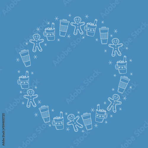 Frame, border. Food, drinks. Coffee in a disposable cup. A cup of coffee with cinnamon, marshmallows, and a gingerbread man. Snow, snowflakes. Banner with space for text. Set of linear icons.