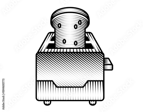 retro bread toaster illustration with popped up slices in vintage kitchen appliance breakfast meal old fashioned electronic device engraved