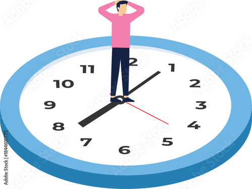 Stressed businessman staring at a clock on the floor From the stress and pressure of time management with limited business deadlines. isometric vector illustration.

