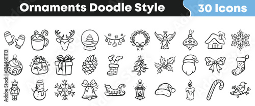 Collection of thirty charming hand drawn christmas and winter holiday doodle icons perfect for seasonal design projects and festive decorations on transparent background