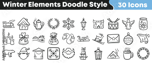 Thirty charming hand drawn winter holiday icons in a simple doodle sketch style perfect for seasonal design projects on transparent background