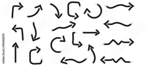 Bold Black Arrow Vector Icons Set. Halftone arrow symbol vector illustration. Various bold brush drawn curved arrows.  Set of rising arrows. 