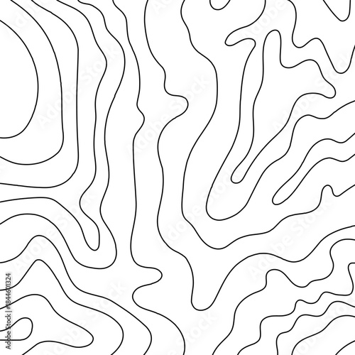 Topo contour lines as square topographic pattern. Clean line map with mountain terrain elevation curves for cartography and hiking designs. Black vector isolated outlines on a white background.