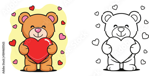 Cute cartoon teddy bear holding a big red heart vector illustration with black and white outline coloring page suitable for Valentine's Day design and kids activity
