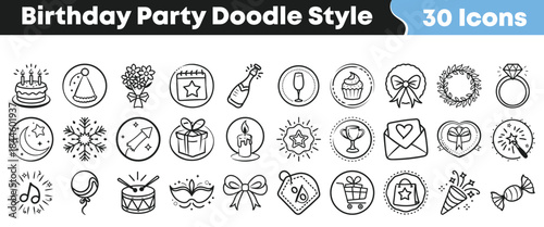 Collection of thirty hand drawn black and white doodle style icons perfect for celebrating birthdays anniversaries and festive occasions on transparent background