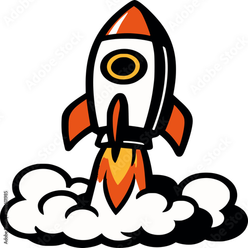 Blast Off: A stylized rocket launches skyward, propelled by a fiery plume and billowing smoke, against a backdrop of boundless potential.