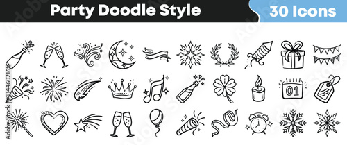 Collection of thirty charming hand drawn doodle style icons perfect for celebrating birthdays holidays new year events and festive occasions on transparent background