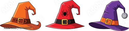 Halloween Witch Hat Vector Illustration Set with Colorful Magical Headwear for Spooky Party Decorations, Costume Designs, Festive Graphics, and Holiday Creative Projects