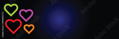 Glowing neon hearts vector banner. Colorful love background with space