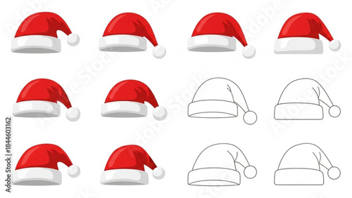 Collection of red and outlined santa hats in various styles for holiday and festive designs