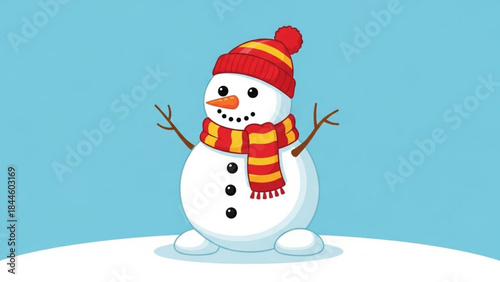 A cheerful cartoon snowman wearing a red hat and scarf on a snowy hill with a blue background in a fun winter scene