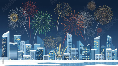 Fireworks exploding over a city skyline at night with tall buildings and vibrant colorful lights in the sky