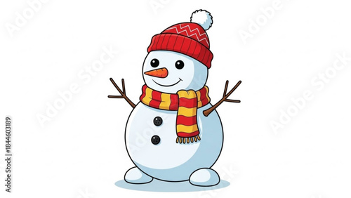 A cheerful cartoon snowman wearing a red hat and colorful scarf on a with a friendly smile and outstretched arms