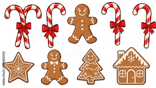 A set of festive holiday cookies and candy canes on for christmas decoration