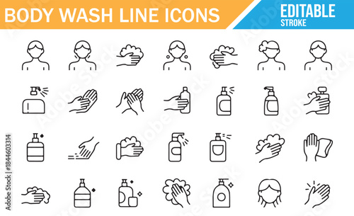 Minimalist line icons of shower gels, lotions, and washing.