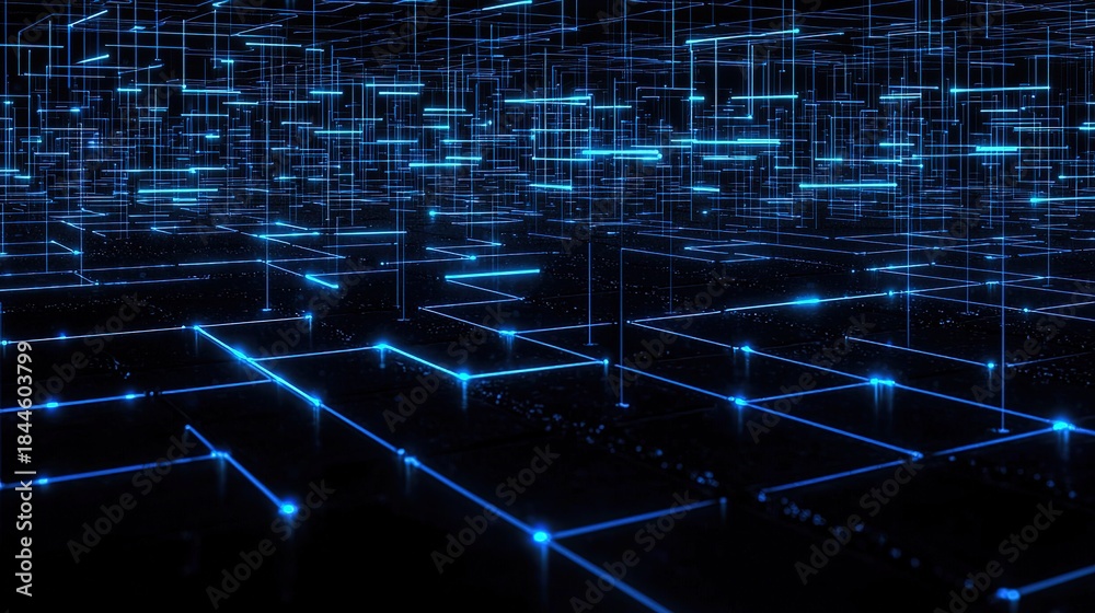 Obraz premium Blue glowing digital grid for data visualization, showing energy flow in AI network.