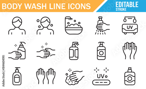 Facial cleansing and hand washing line art icons.