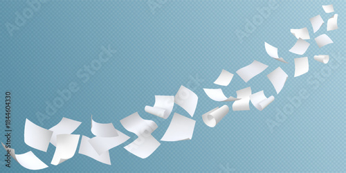Flying white paper sheets flow, vector realistic throw paper pile floating in air, curled pages flight on wind blow