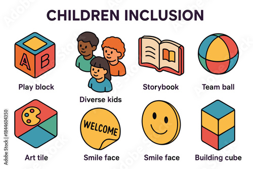Children Inclusion Concept Diverse Kids Play Block Storybook Team Ball Art Tile Smile Face Building Cube on Black Background