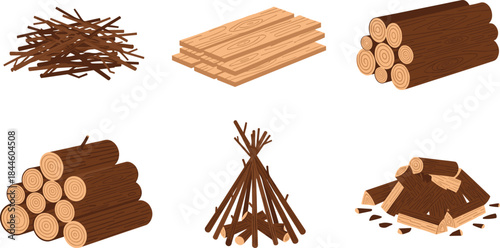 Firewood and Lumber Vector Illustration Set Showing Logs, Wooden Planks, Branch Piles, and Campfire Wood Stacks for Forestry, Construction, and Outdoor Design Projects