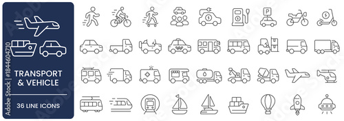 Transport and Vehicle Line Icon Set with Editable Stroke. Collection of  Transportation, car, truck, bus, delivery, electric vehicle, shipping, plane, train, motorcycle, logistics, and boat symbols.