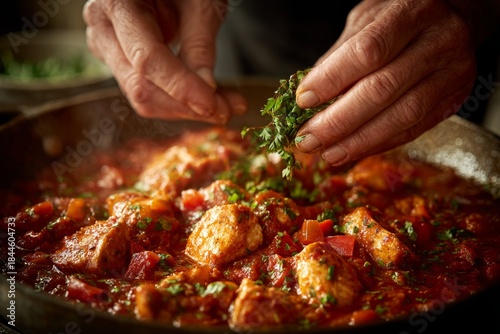 Close-up of hand holding parsley over pot of Chicken Creole, steaming tomato-based mixture. Concept of traditional Caribbean stew, spiced with vibrant flavors.