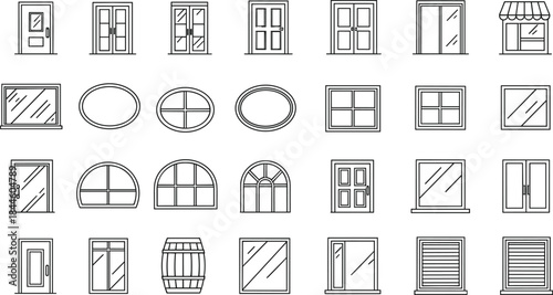 Architectural Window and Door Line Icon Vector Set with Various Frames, Shapes, and Styles for Building Design, Construction Plans, and Home Illustration Projects
