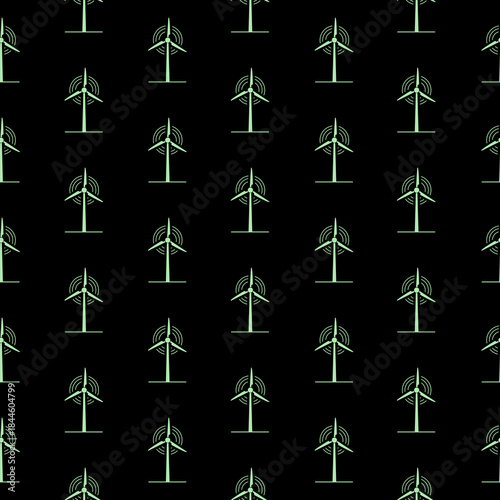 Rotating wind turbine seamless pattern isolated on black background