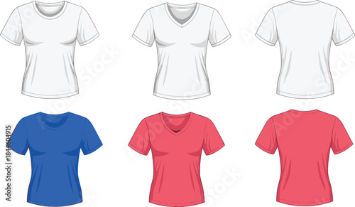 Women T Shirt Mockup Vector Set Showing Front and Back Views with Different Colors for Fashion Design, Apparel Branding, and Clothing Presentation Projects