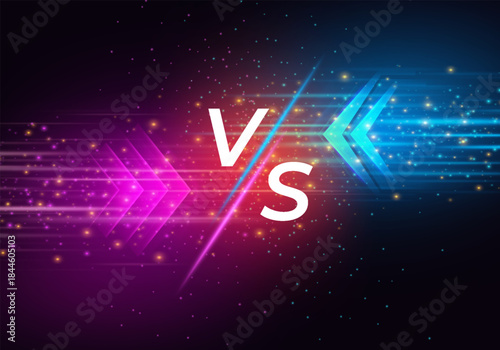 Tech background with neon speed arrows, pink and blue with glowing particles and v/s letters.