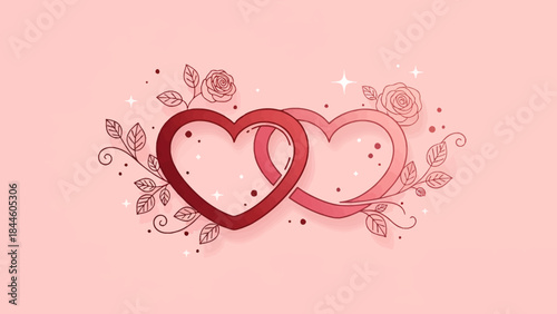 Two intertwined hearts surrounded by delicate roses, leaves, and sparkling elements on a soft pink background