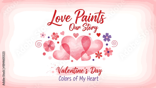 Love paints our story, valentine’s day colors of my heart design with watercolor hearts and flowers on a pink background