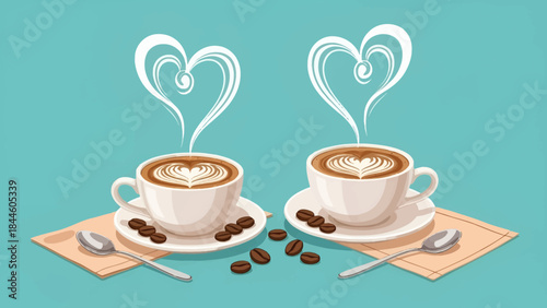 Two cups of latte art coffee with heart-shaped steam, coffee beans, spoons, and napkins on a light blue background