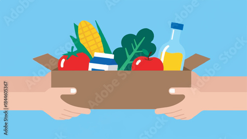 Hands holding a brown cardboard food delivery box filled with fresh groceries on blue background