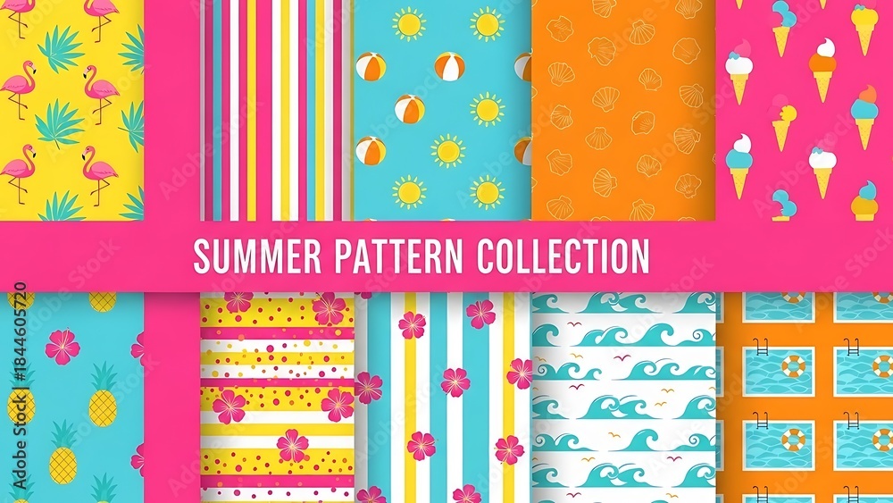 A vibrant collection of ten seamless summer patterns featuring flamingos, ice cream, pineapples, beach balls, waves, and stripes in bright colors.