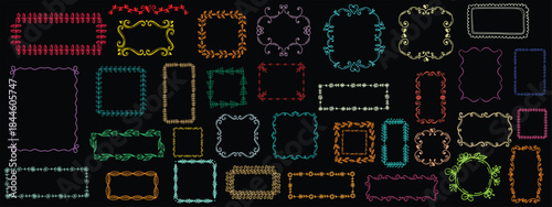 Hand drawn scribble kids frame set with pastel, crayon or chalk texture. Doodle decoration with flowers and bows. Black illustration on a white background set.